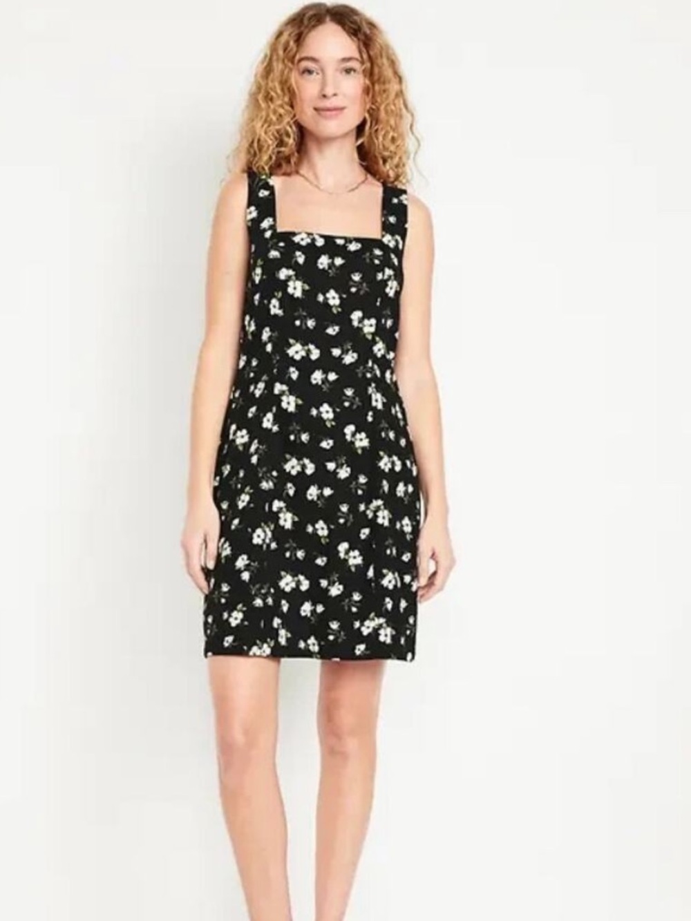 NWT Old Navy Dress Linen Blend Black Floral print Mini Square-Neck dress
